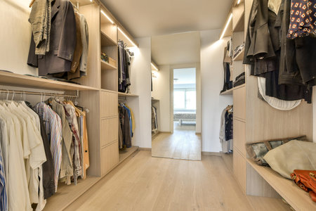 a walk - in closet with lots of clothes hanging on the walls and wooden flooring, all around itの写真素材