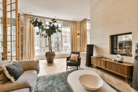 a living room with couches, chairs and a flat screen tv on the wall in the middle of the roomの写真素材