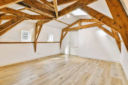 an empty room with wood beams on the ceiling and hardwood flooring in this attic space is very white...