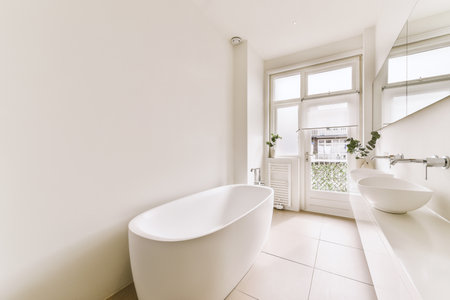 a white bathroom with two sinks and a large bathtub in the center of the photo is an open windowの写真素材