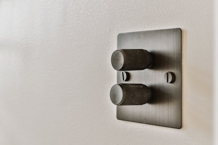 an electrical outlet on the wall in a room with white walls and black metal fittings, close up viewの写真素材