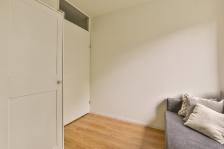 a living room with white walls and wood flooring, including a grey couch in the wall is painted...