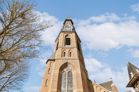 an old building with a clock on its side and a tree in the fore - eyed area behind