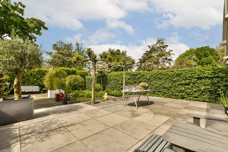 a backyard area with some trees and plants on the side of the house, as seen from the ground level
