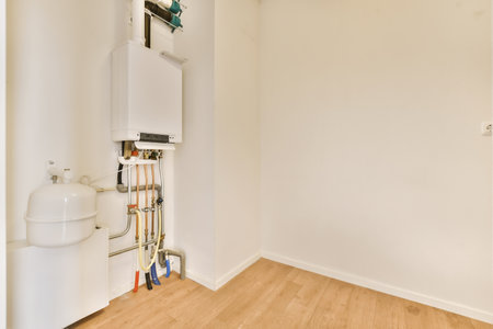 an unfinished room with wood flooring and white walls, including a water heater on the right side of the wallの写真素材
