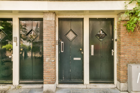 two green doors in front of a brick building with ivys growing on the outside wall and windows above...