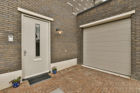 a brick house with two garage doors and one door open to the other side, in front of the house