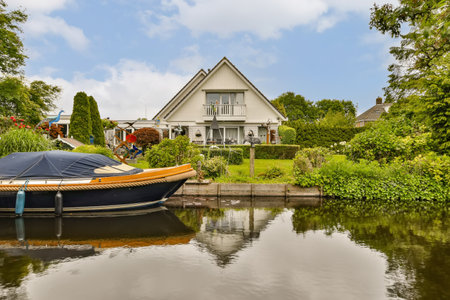 a boat on the water in front of a house with a blue sky and white clouds above it, as seen from across theの写真素材