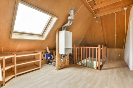 a room with wood flooring and wooden walls, including a white refrigerator freezer in the corner of the roomの写真素材