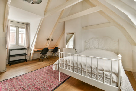 a bedroom with a bed, desk and mirror on the wall in front of the room is taken from above