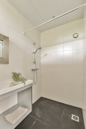 a bathroom with a sink, mirror and shower head mounted on the wall next to it is a flower in a vase