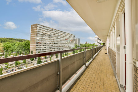 a balcony with some buildings in the background and blue skies overhead over the cityscaing area on the right sideの写真素材