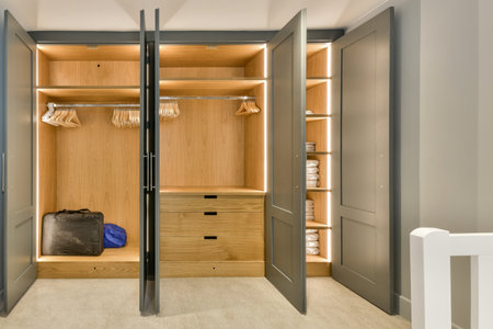 a walk - in closet with clothes hanging on the wall and an open door that leads to a bathroom area