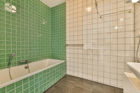 a bathroom with green tiles on the walls and white fixtures in the bathtub is next to the shower tubの写真素材