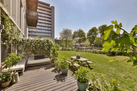 an outside area with some plants on the ground and buildings in the background, as seen from the...