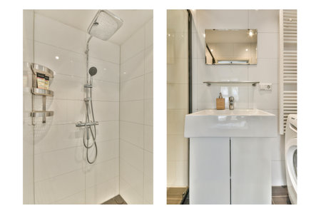 Sleek and contemporary bathroom featuring a stylish shower and sink area, emphasizing functionality...
