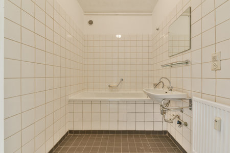 A minimalist bathroom featuring white tiled walls, a bathtub, and a sleek sink. The design...