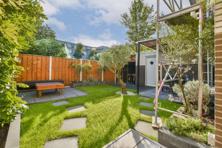 A serene garden featuring lush grass, neatly arranged stone pathways, and decorative trees. Ideal for relaxation and outdoor gatherings.の写真素材