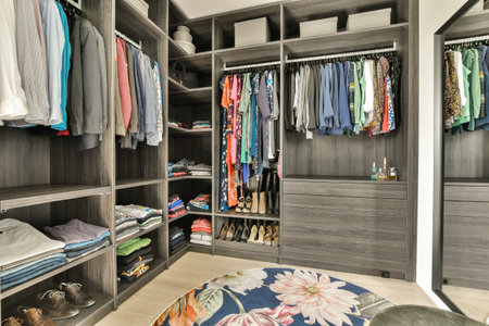 A contemporary closet design showcasing neatly organized clothes and accessories in an elegant...