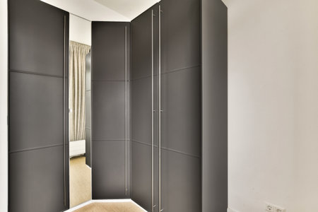 Sleek lines and minimalist design define this modern closet space, featuring dark cabinetry and a...
