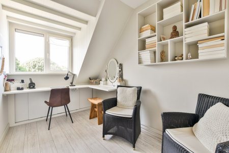 A bright and airy home office featuring a minimalist desk, stylish chairs, and organized shelves,...