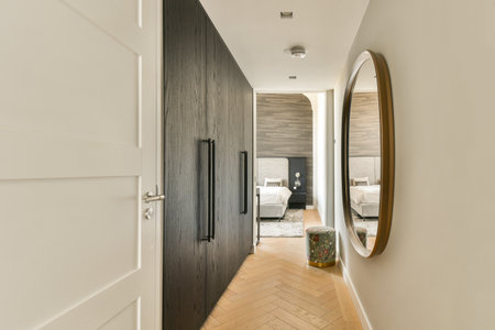 A stylish hallway featuring a sleek, modern design with wooden accents, a round mirror, and a cozy bedroom visible in the background.の写真素材
