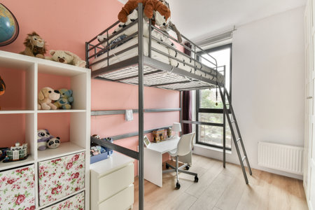A stylish childrens bedroom featuring a loft bed, playful decor, and a workspace area, ideal for...
