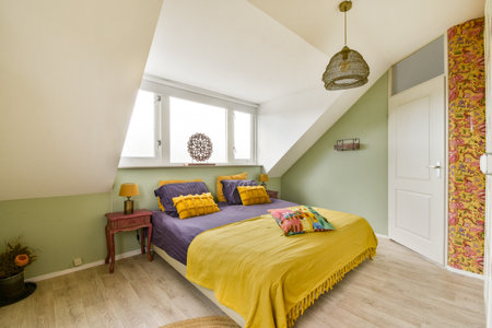 A serene attic bedroom features a blend of modern and vintage decor, complete with a colorful quilt,...