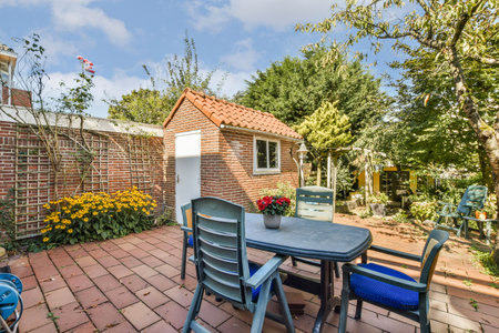 A serene backyard scene featuring a quaint garden shed, colorful flowers, and comfortable outdoor...