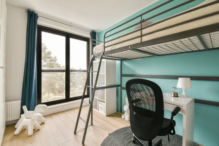 A vibrant modern bedroom featuring a loft bed, desk, and a view through large windows, accentuated...
