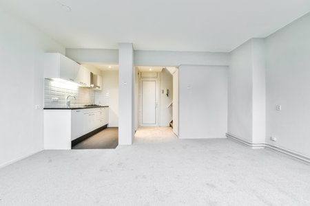 Combined kitchen with living room in a minimalist empty style