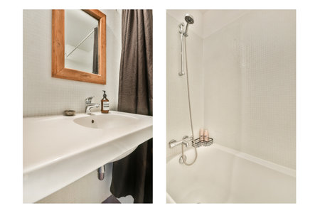 A clean and contemporary bathroom featuring a stylish sink, shower, and minimalist decor creating a...