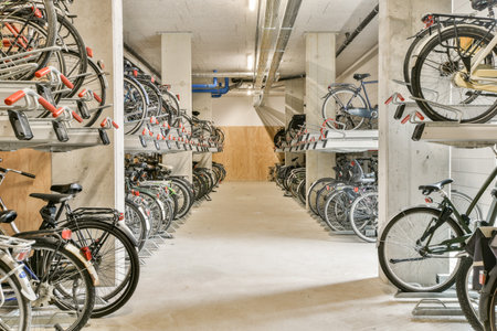 An organized interior view of a modern bicycle storage facility, showcasing multiple racks filled with bikes in a clean and spacious environment.の写真素材