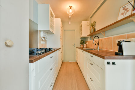 A sleek and modern kitchen showcasing minimalist design with white cabinetry, wooden countertops,...