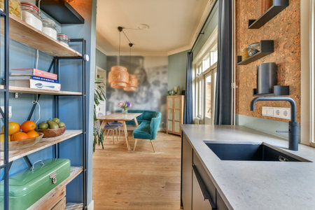 A stylish interior featuring a modern kitchen and dining area, blending functionality and aesthetics...
