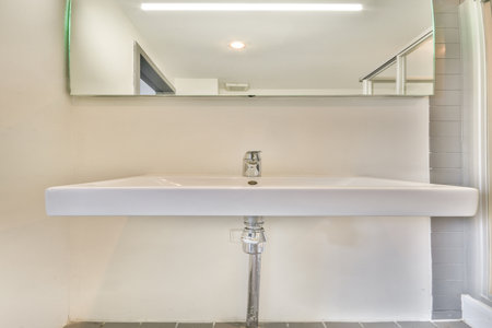 A sleek, contemporary bathroom setup featuring a minimalist sink design and a large mirror with...