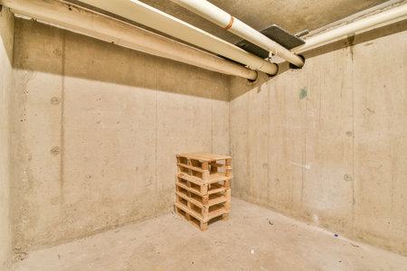 An empty space featuring concrete walls and a wooden pallet positioned in the center, showcasing...