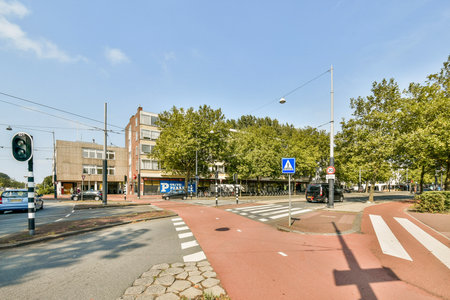 A vibrant urban intersection featuring trees, bike lanes, road signs, and buildings, highlighting the blend of nature and city life.の写真素材