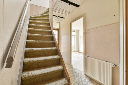 A view of a cozy indoor staircase leading to the upper floor, featuring beige carpeting and soft light illuminating the hallway.の写真素材