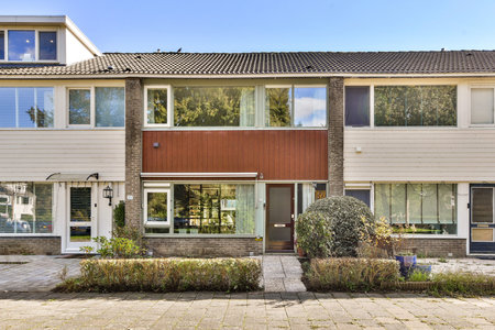 A contemporary residential structure featuring large windows and greenery in front, displaying a symmetrical facade and inviting atmosphere.の写真素材