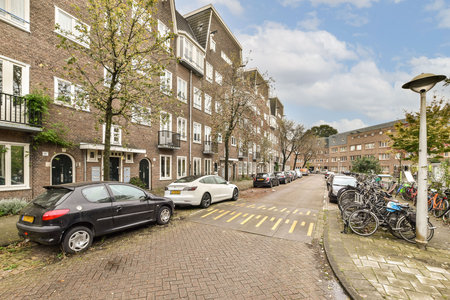 A picturesque residential street lined with trees, featuring parked cars and bicycles, creating a serene urban atmosphere. Ideal for city living.の写真素材
