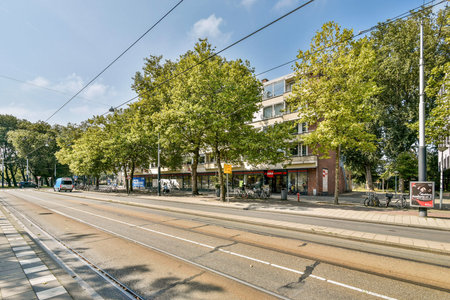 A busy urban street featuring vibrant trees and buildings. The scene captures the essence of city life with shops and transportation paths.の写真素材
