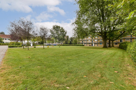 A picturesque park setting featuring neatly manicured grass, trees, and a backdrop of contemporary buildings, offering a serene escape in an urban environment.の写真素材