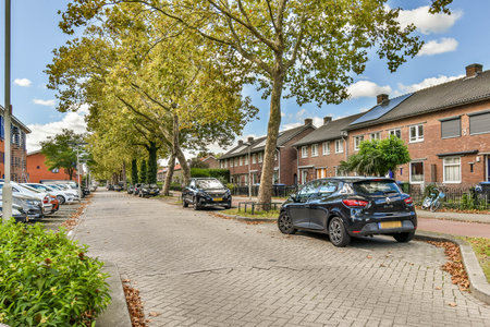 A picturesque view of a residential street lined with trees, showcasing parked cars and charming houses under a clear blue sky.の写真素材