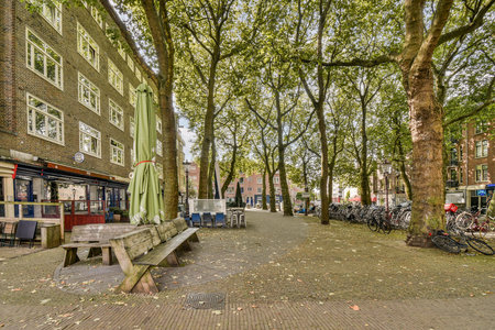 A picturesque urban park scene featuring benches, shaded trees, and cafe seating, perfect for relaxation and social gatherings in the heart of the city.の写真素材