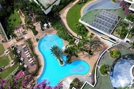 Bird's eye view of swimming pool in hotel