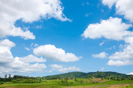 summer mountains green grass and blue sky landscapeの写真素材