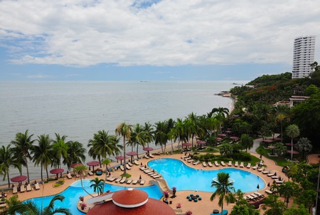 Swimming pools and bar at the beach of luxury hotel,のeditorial素材