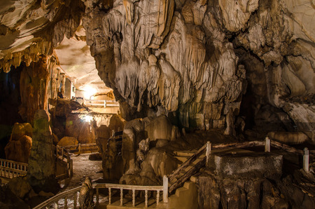 pathway underground cave in Laos, with stalagmites and stalactites.の写真素材