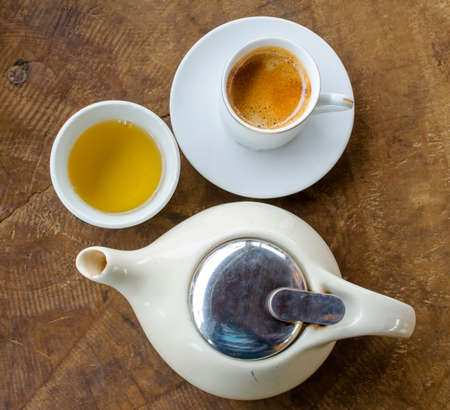 coffee for breakfast on wood tableの写真素材